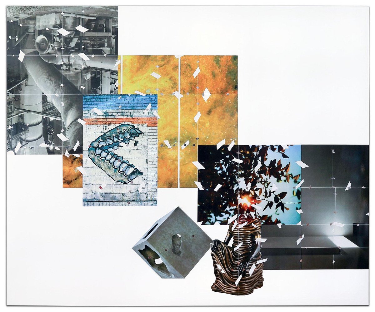 Foundry, 2025. Collage on prepared panel, 87 × 72 × 2 in. Palaces of Industry.